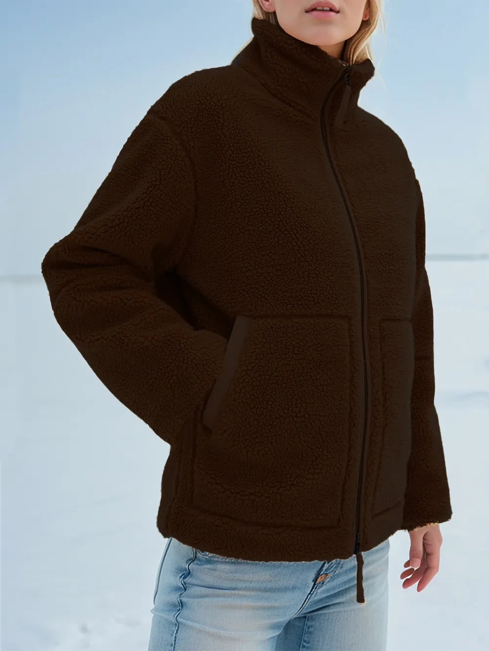 Turtleneck Zip Up Long Sleeve Plush Jacket in Dark Brown