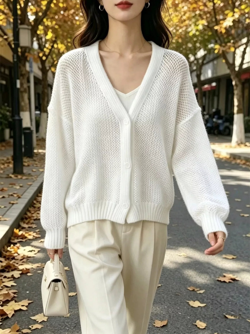 V-Neck Open-Knit Button-Down Cardigan - Lilixa.store