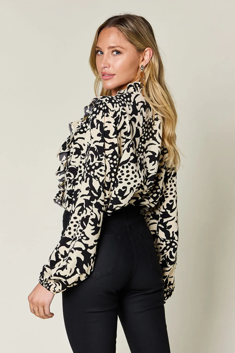 Double Take Full Size Printed Ruffle Trim Balloon Sleeve Shirt - Lilixa.store