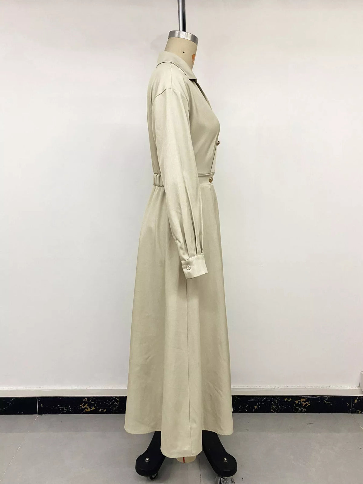 Pleated Button Detail Long Sleeve Shirt Dress