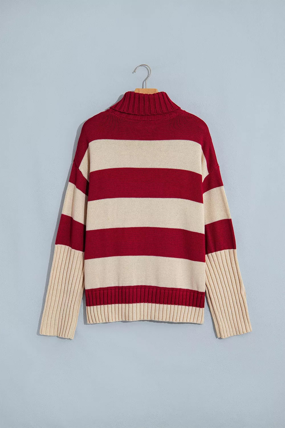 Stripe Ribbed Trim High Neck Relaxed Pullover Sweater