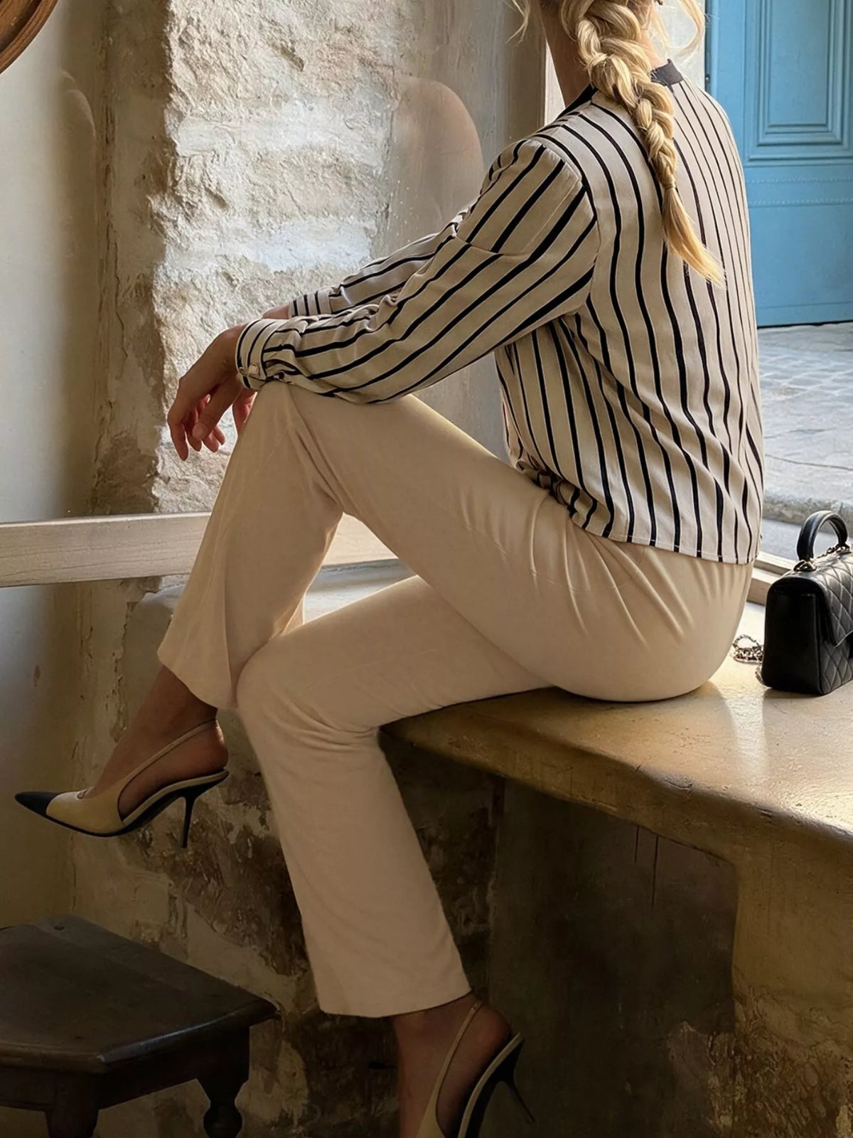 Striped Button-Down Shirt and High-Waisted Flare Pants Set in Khaki, view 6