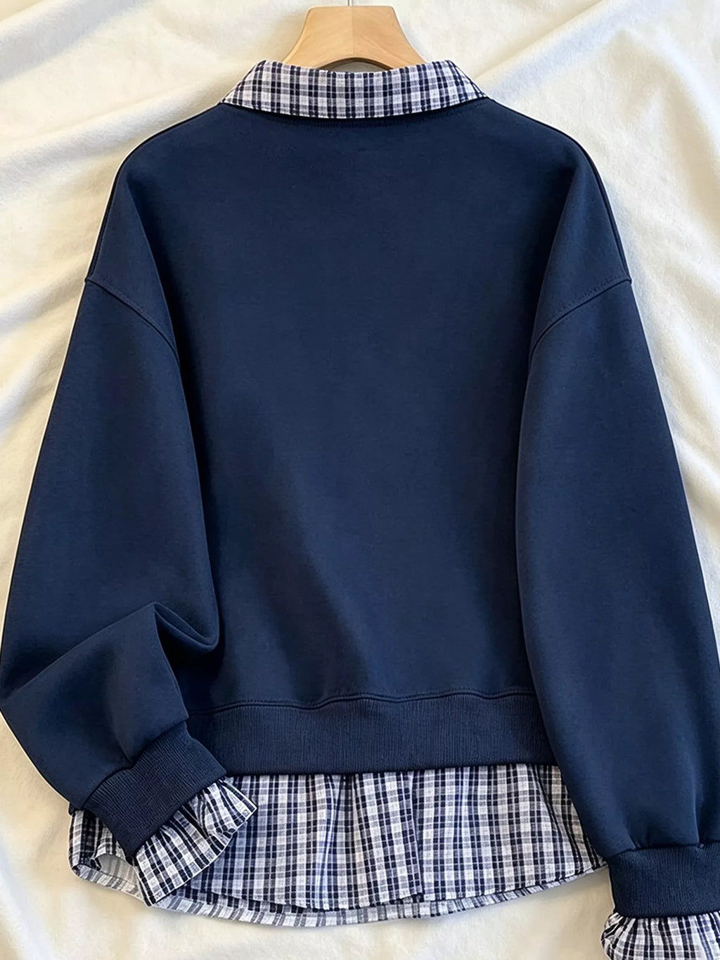 Plaid Collared Faux-Layered Hem Sweatshirt - Lilixa.store