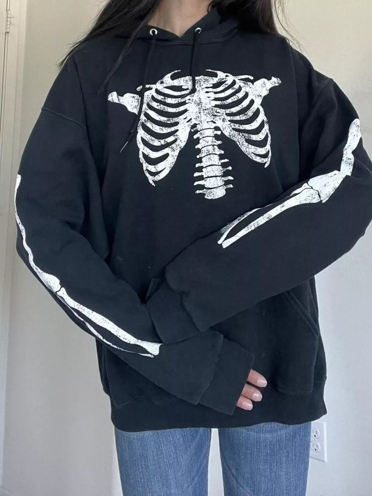 Drawstring Skeleton Long Sleeve Hoodie - Lilixa.store