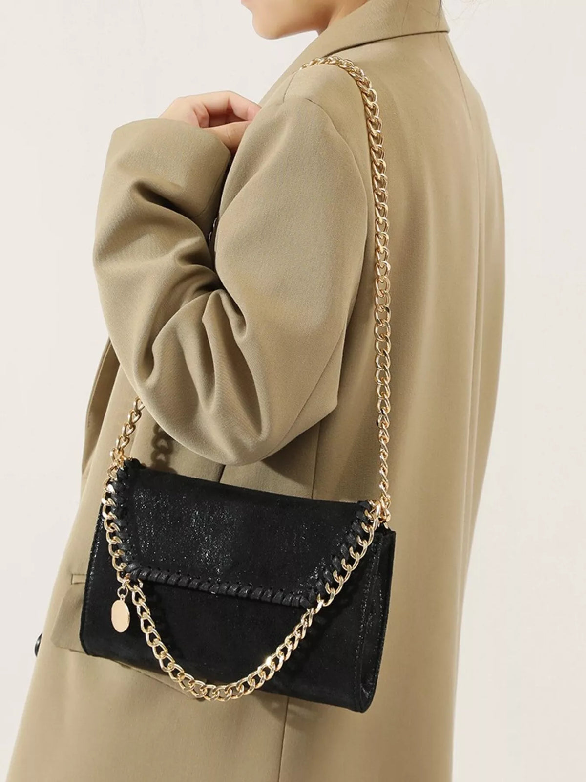 Matte PU Leather Textured Chain-Strap Shoulder Bag in Black