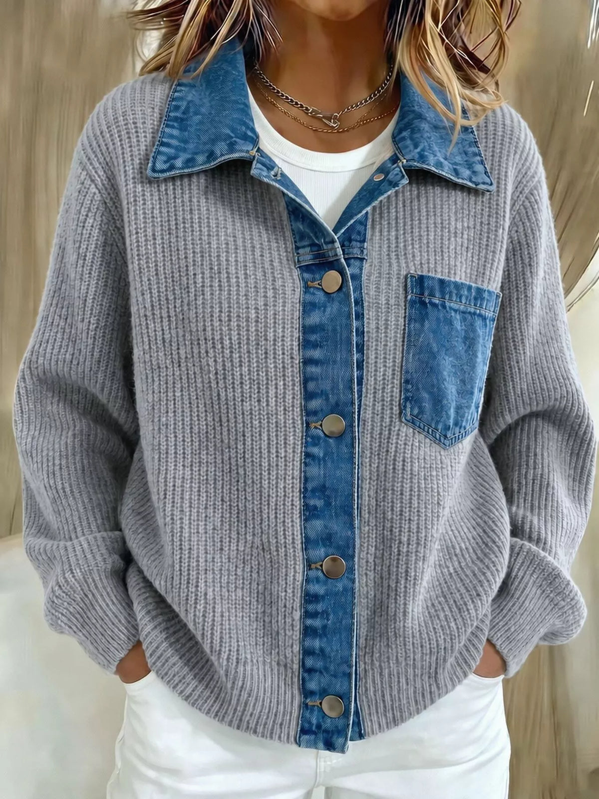 Denim Trim Button Up Cardigan - Lilixa.store