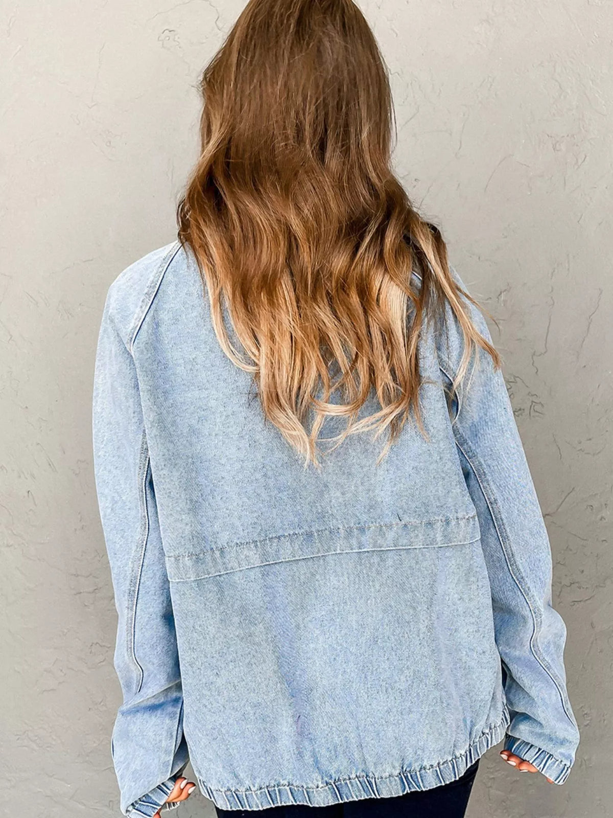 Elastic Edge Collared Zip Up Denim Jacket With Pocket, view 4