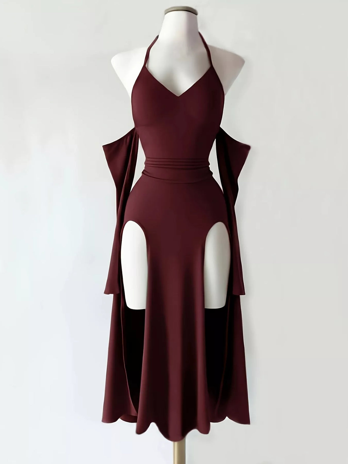 Halter Neck High-Slit Bodycon Dress in Wine Red