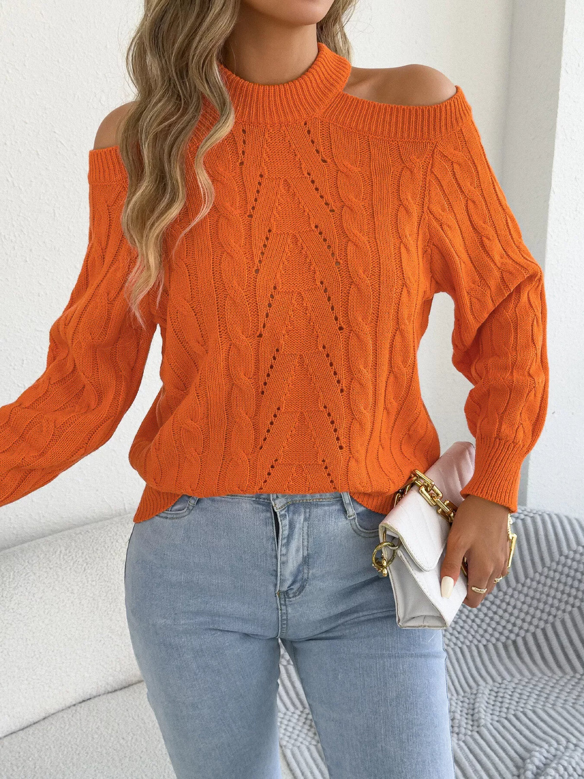Cold Shoulder Cable Knit Sweater