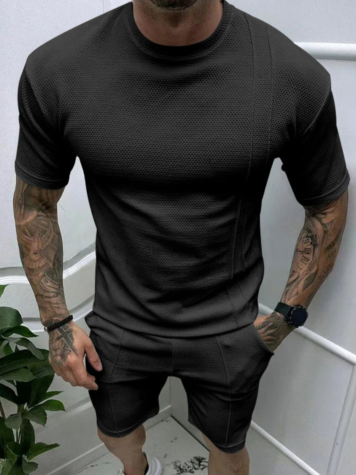 Men's Full Size Round Neck Tee and Shorts Set Plus Size in Black