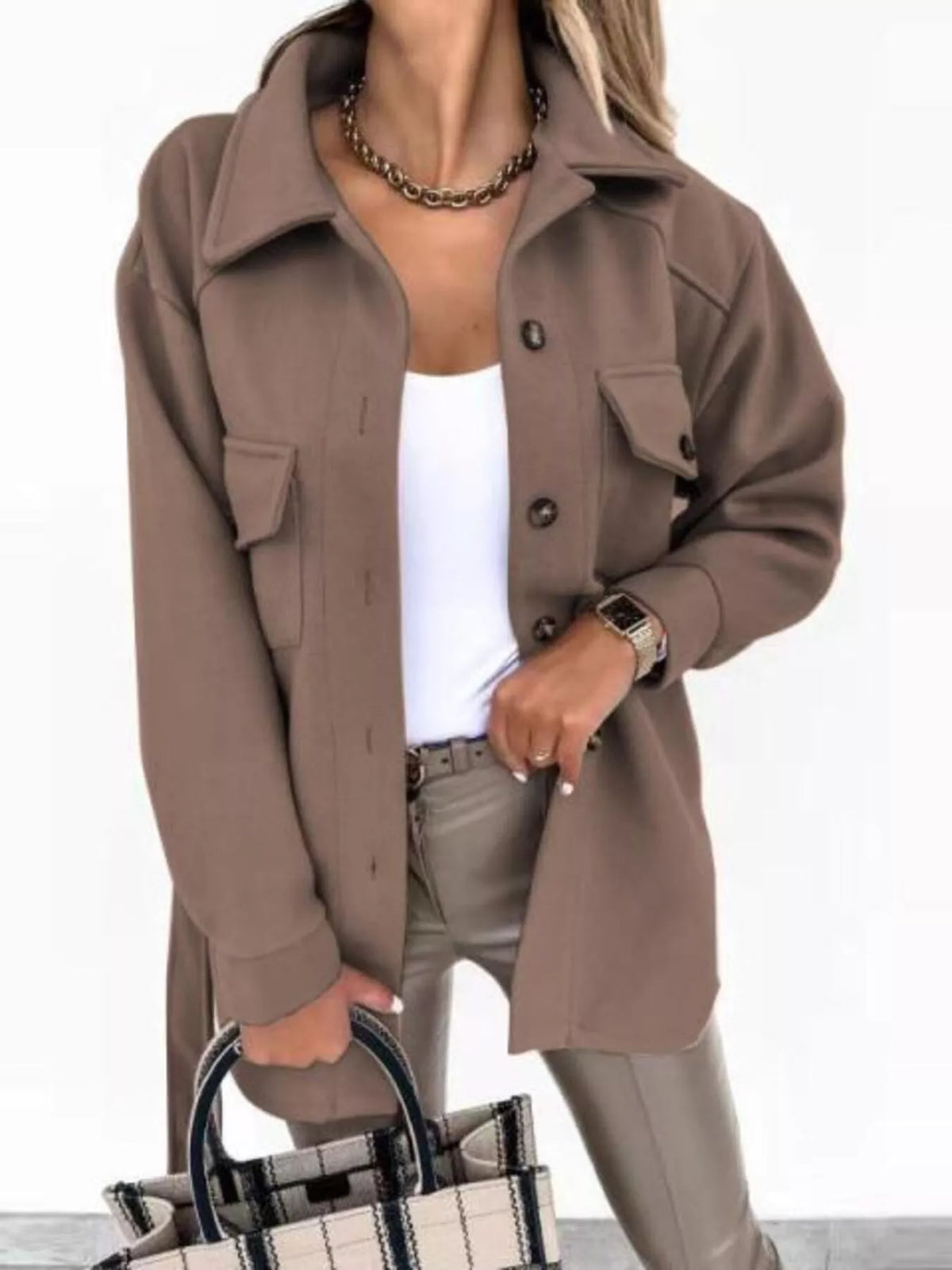 Button-Down Tie Waist Coat in Dark Brown