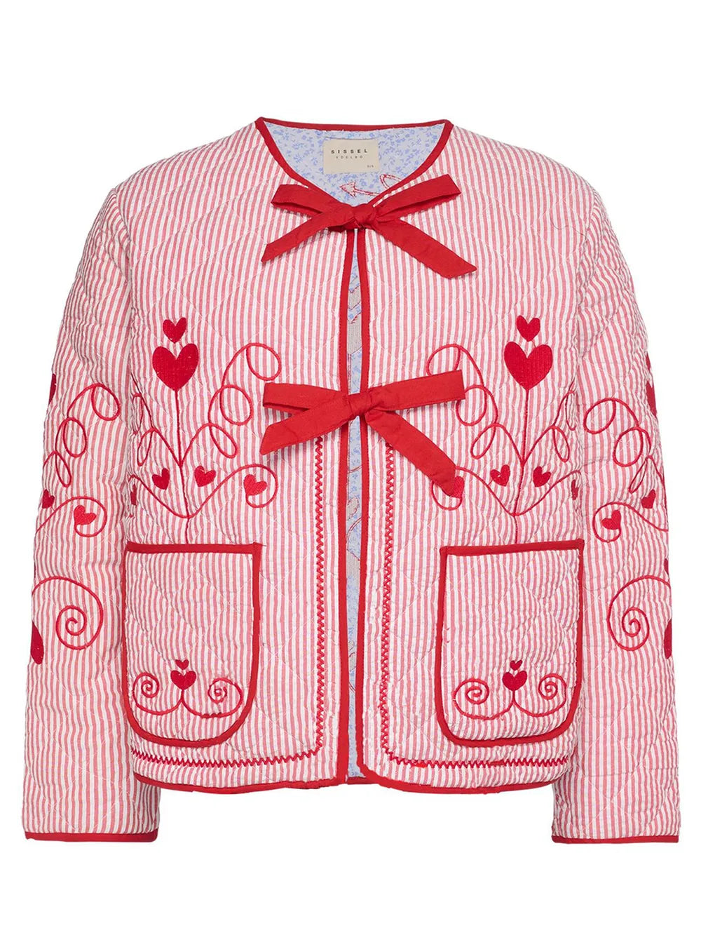 Embroidered Tied Striped Round Neck Coat - Lilixa.store