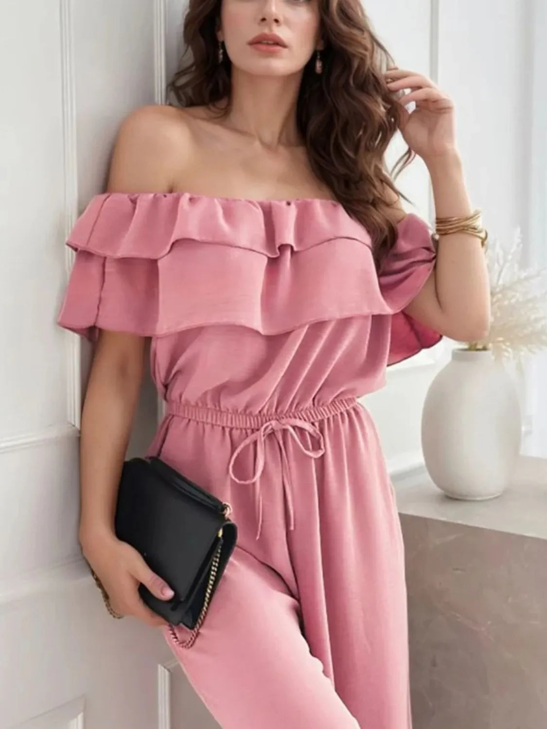 Off-Shoulder Ruffled Wide Leg Jumpsuit - Lilixa.store