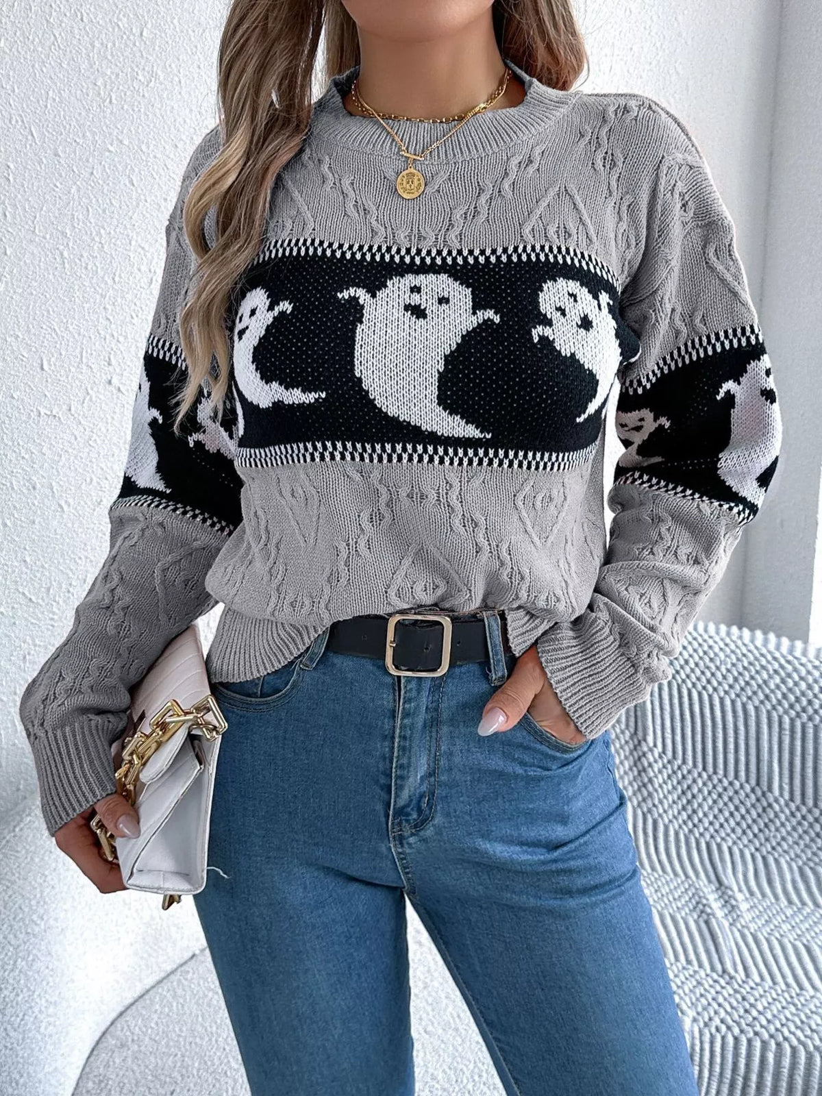 Halloween Ghost Pattern Textured Sweater