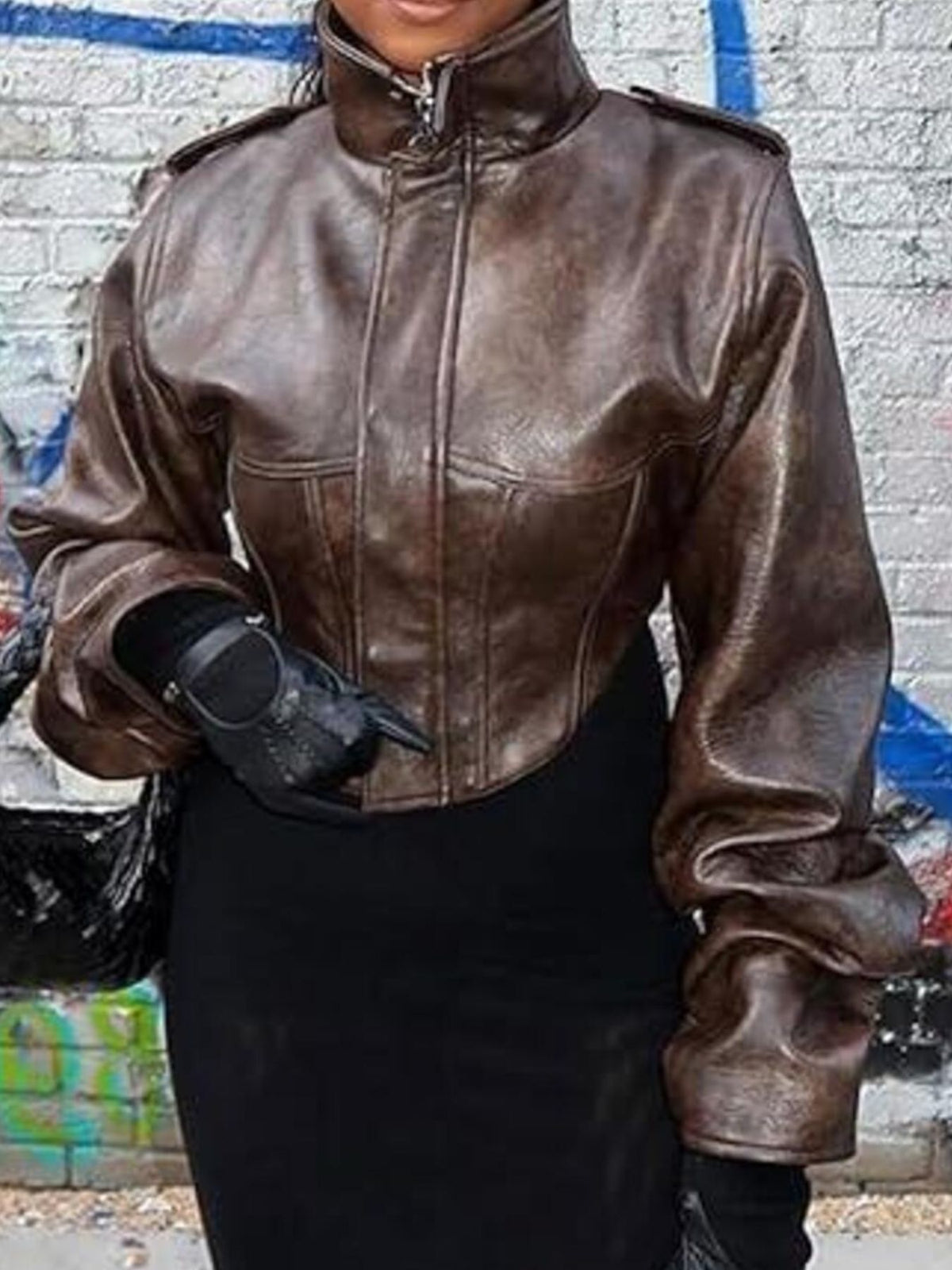 Vintage Style Slim Fit Leather Jacket in Brown, view 2