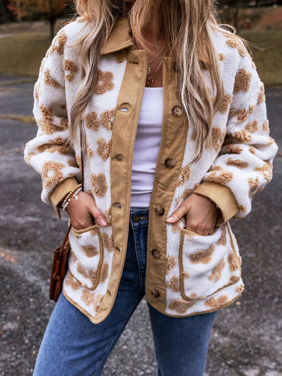 Flower Pattern Button Up Fleece Jacket - Lilixa.store