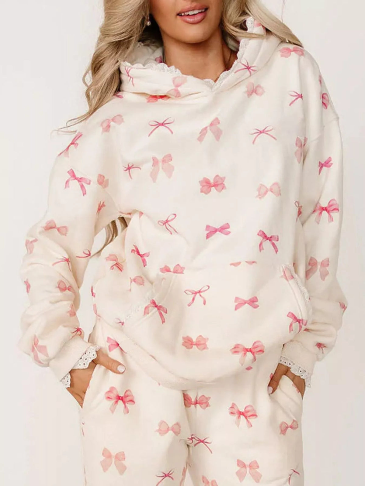 Lace Trim Kangaroo Pocket Hoodie - Lilixa.store