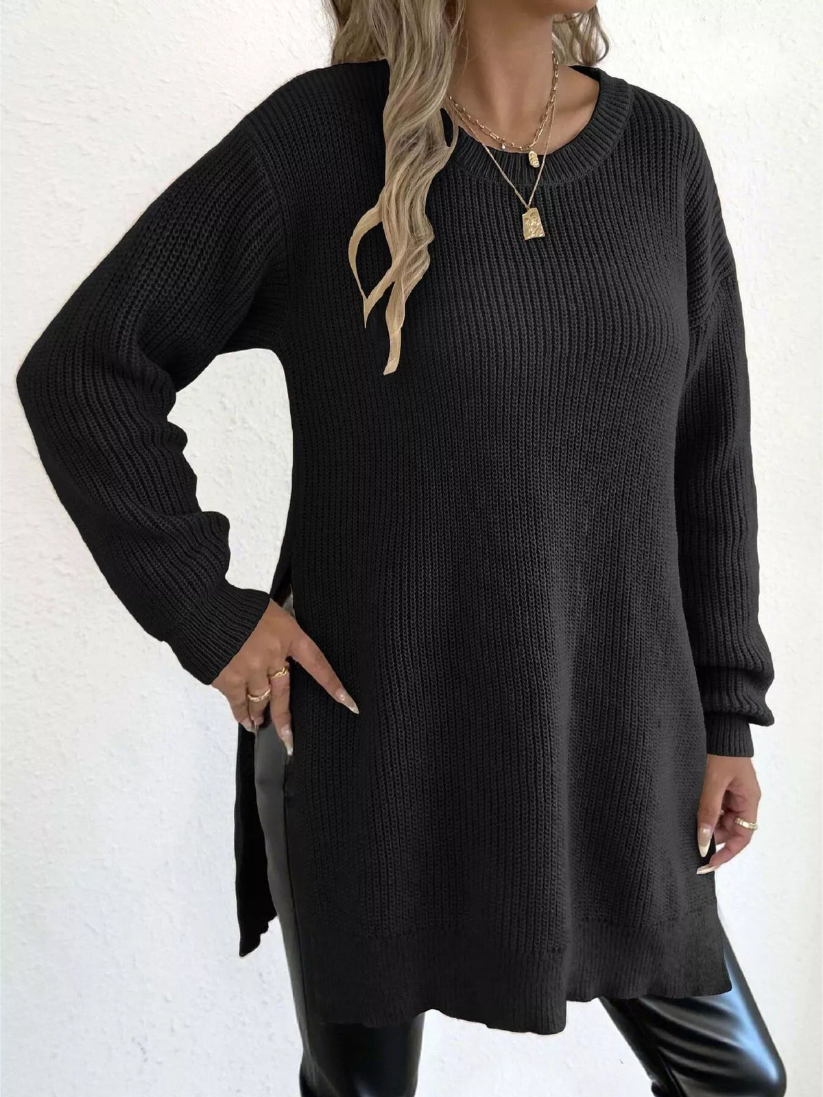 Side-Slit Dropped Shoulder Sweater - Lilixa.store