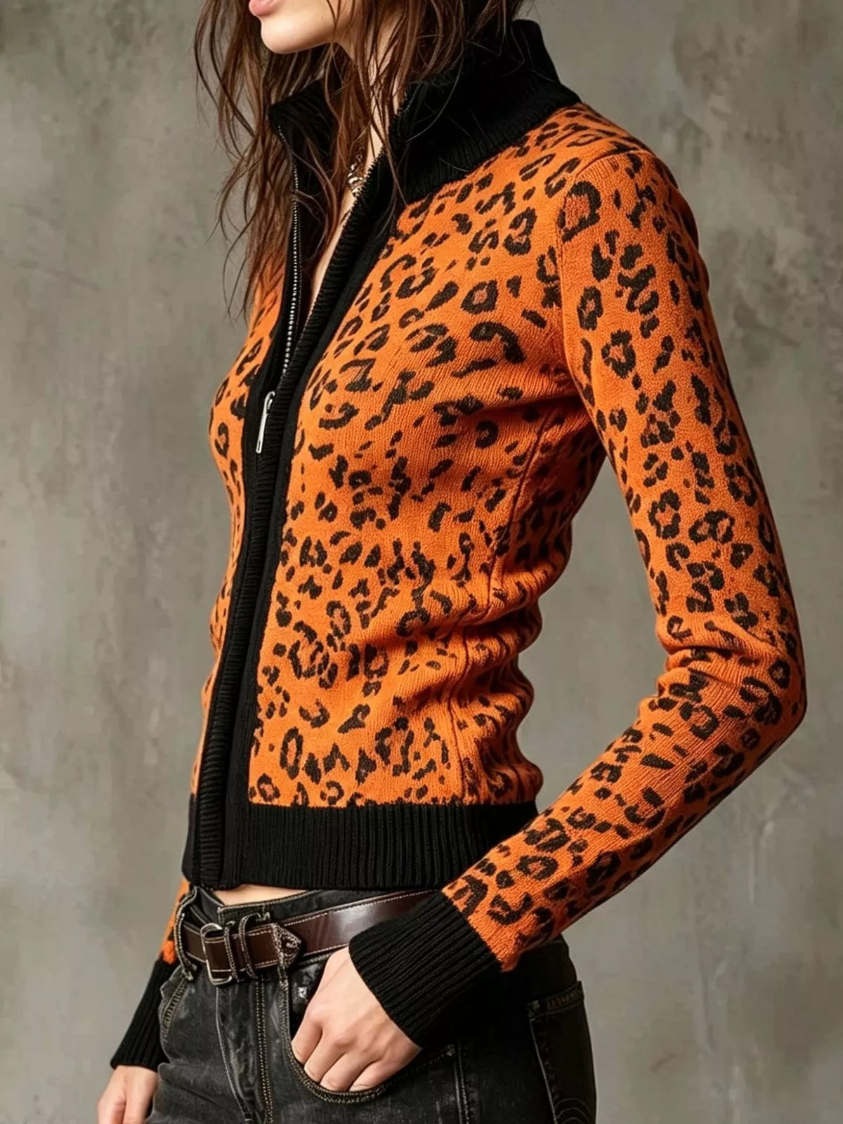 Leopard Zip-Up Knit Cardigan - Lilixa.store