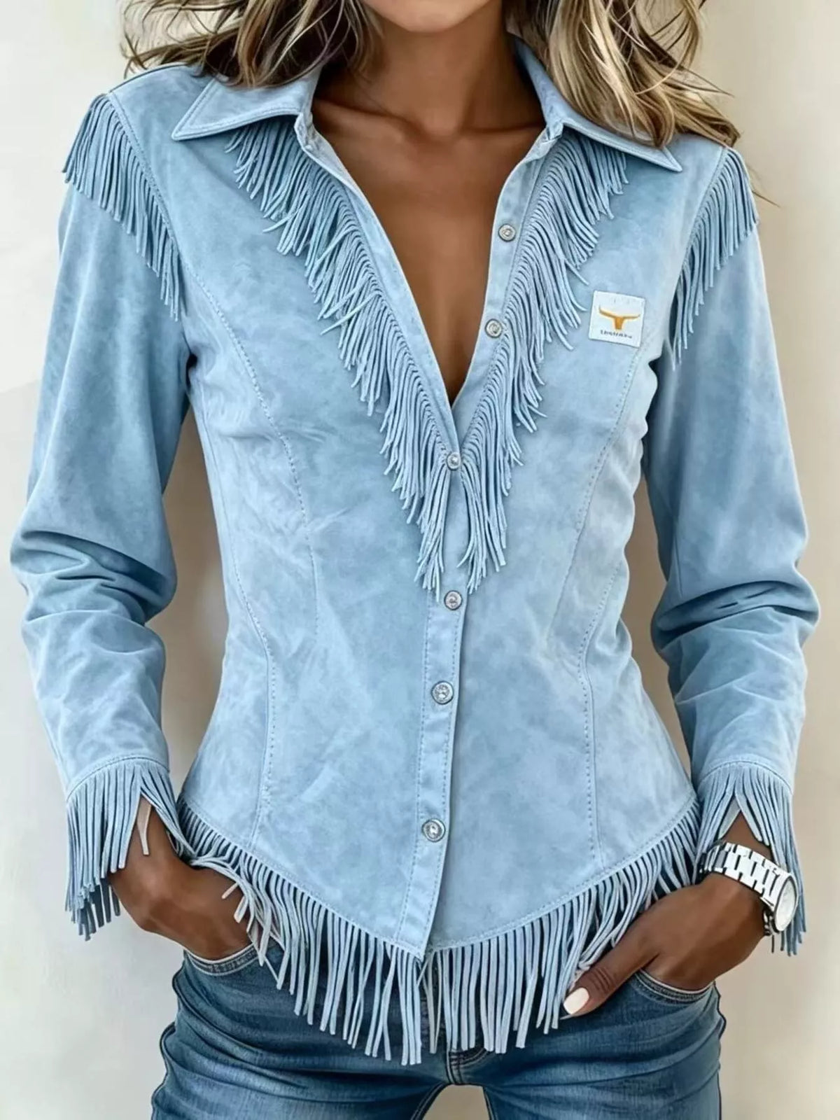 Full Size Fringed Collared Neck Shirt Plus Size - Lilixa.store