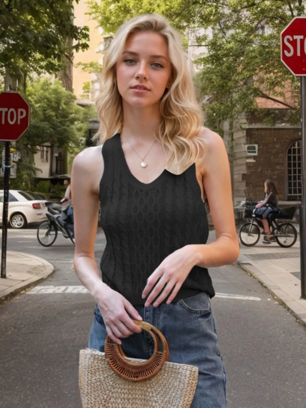 Cable-Knit V-Neck Knit Tank, view 8