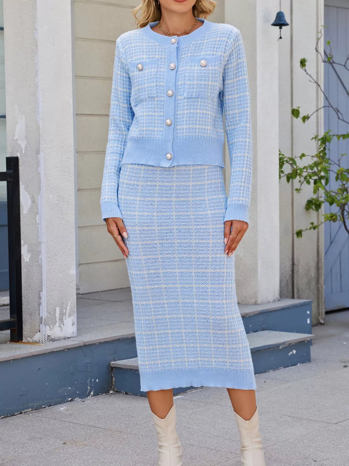 Plaid Knit Cardigan and Midi Skirt Sweater Set