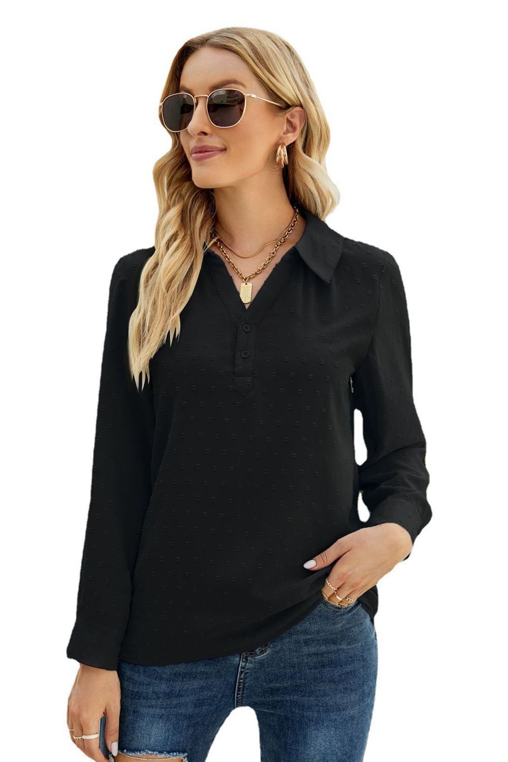 Swiss Dot Johnny Collar Blouse - Lilixa.store