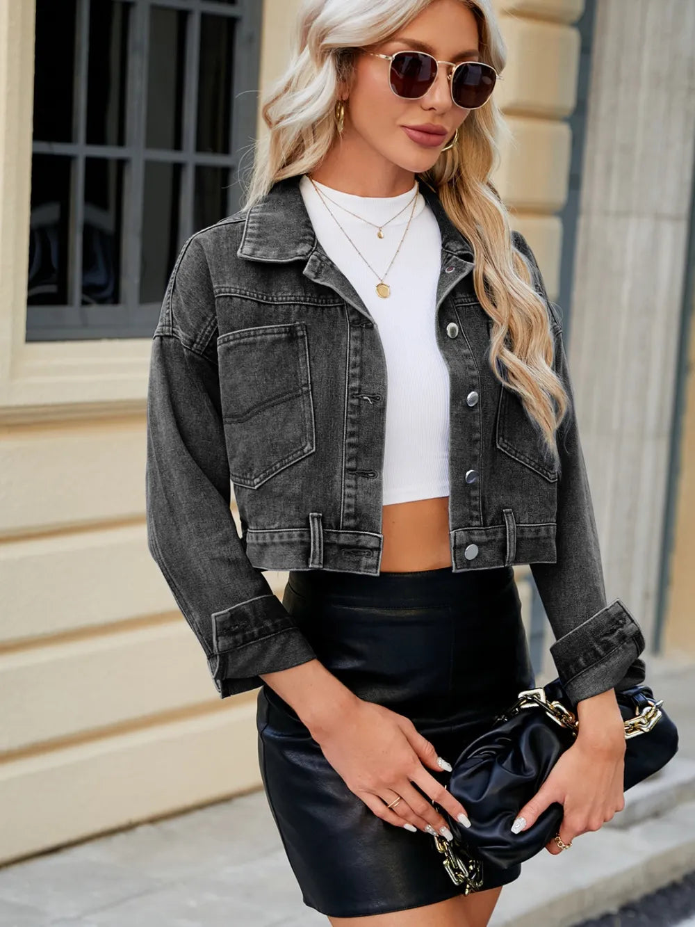 Pocketed Button Up Dropped Shoulder Denim Jacket, view 3