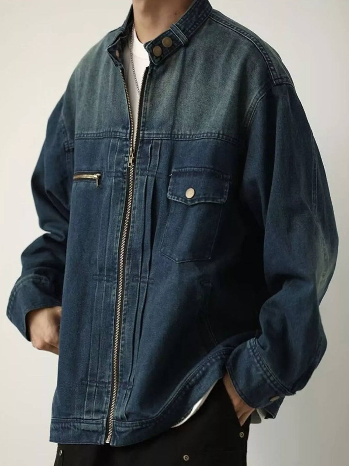 Men's Full Size Washed Zip Up Denim Jacket Plus Size - Lilixa.store