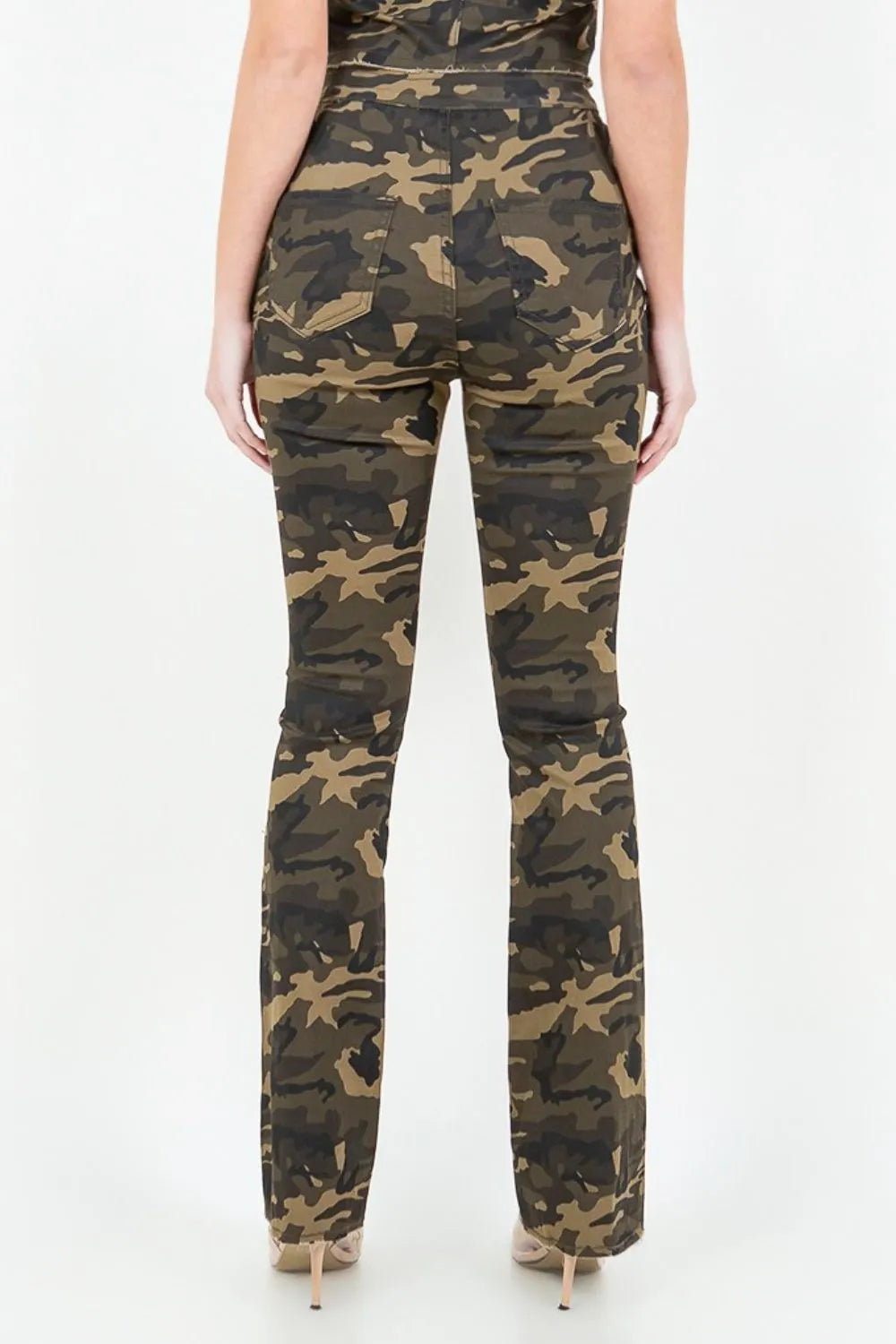 American Bazi V-Cut Ruched Camo Flare Pants - Lilixa.store
