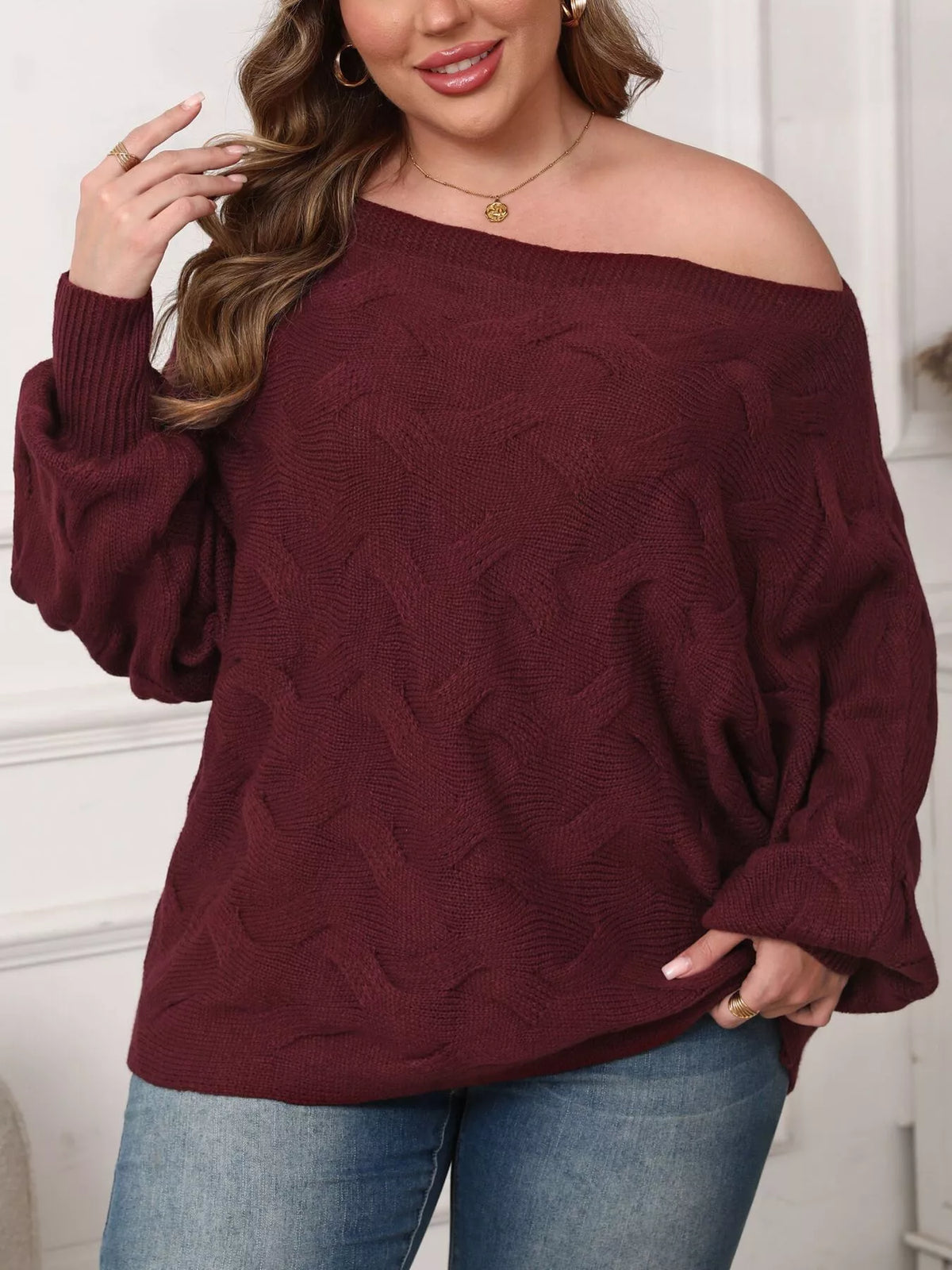 Plus Size Off-Shoulder Long Sleeve Sweater - Lilixa.store
