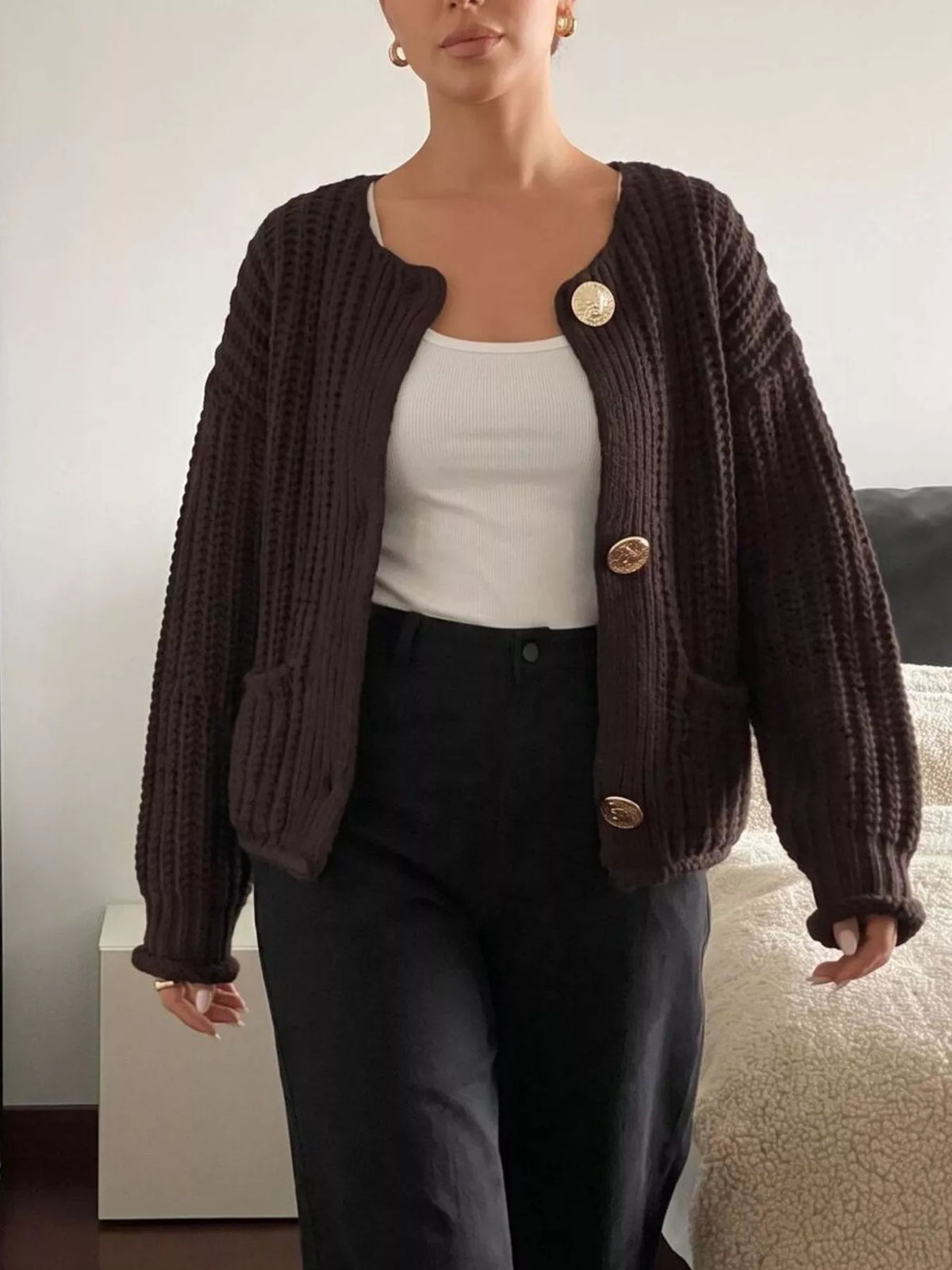 Ribbed Knit Cardigan with Gold-Tone Buttons, view 7