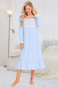 Lace Detail Square Neck Flounce Sleeve Night Dress - Lilixa.store
