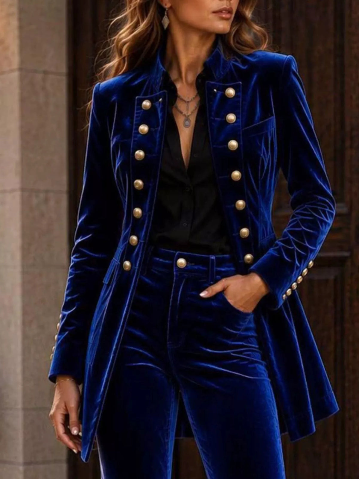 Velvet Double-Breasted Blazer and Flare Pants Set, view 6