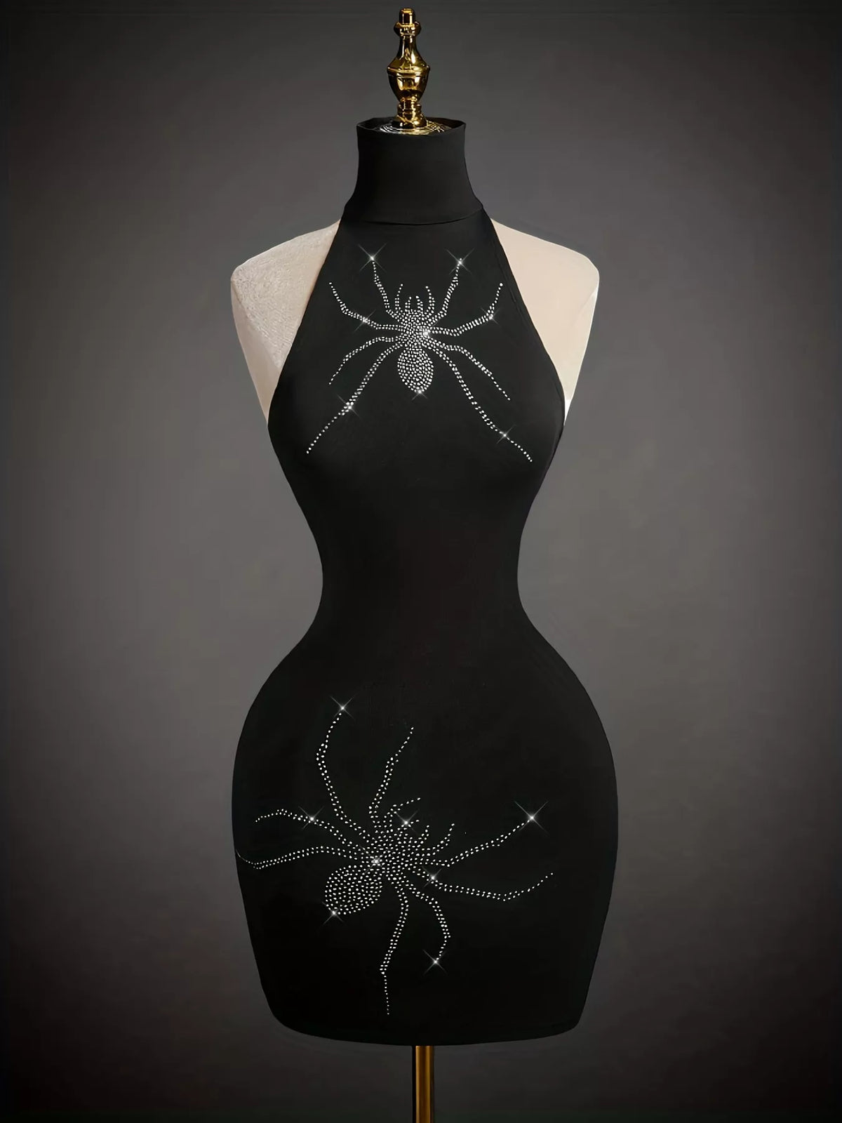 Rhinestone Spider Halter Neck Bodycon Dress - Lilixa.store
