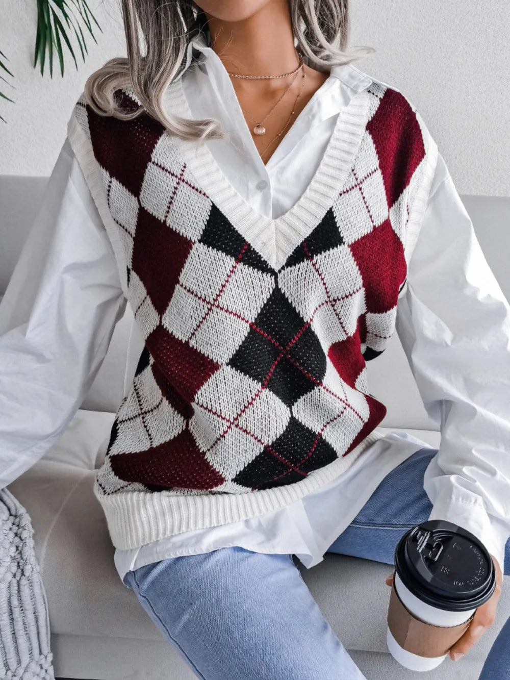 Plaid V-Neck Sweater Vest - Lilixa.store