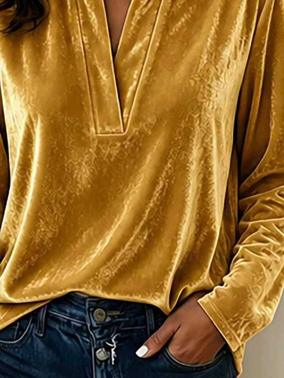 Full Size Velvet Notched Long Sleeve Blouse Plus Size, view 8