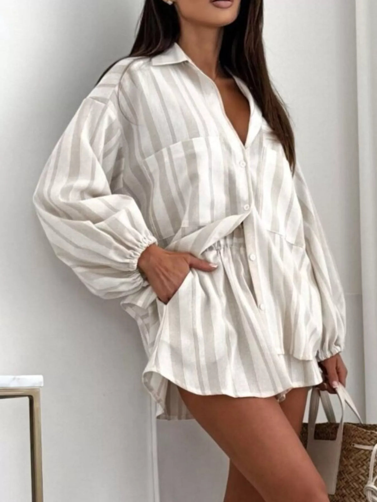 Long Sleeve Shirt and High-Waisted Shorts Set - Lilixa.store