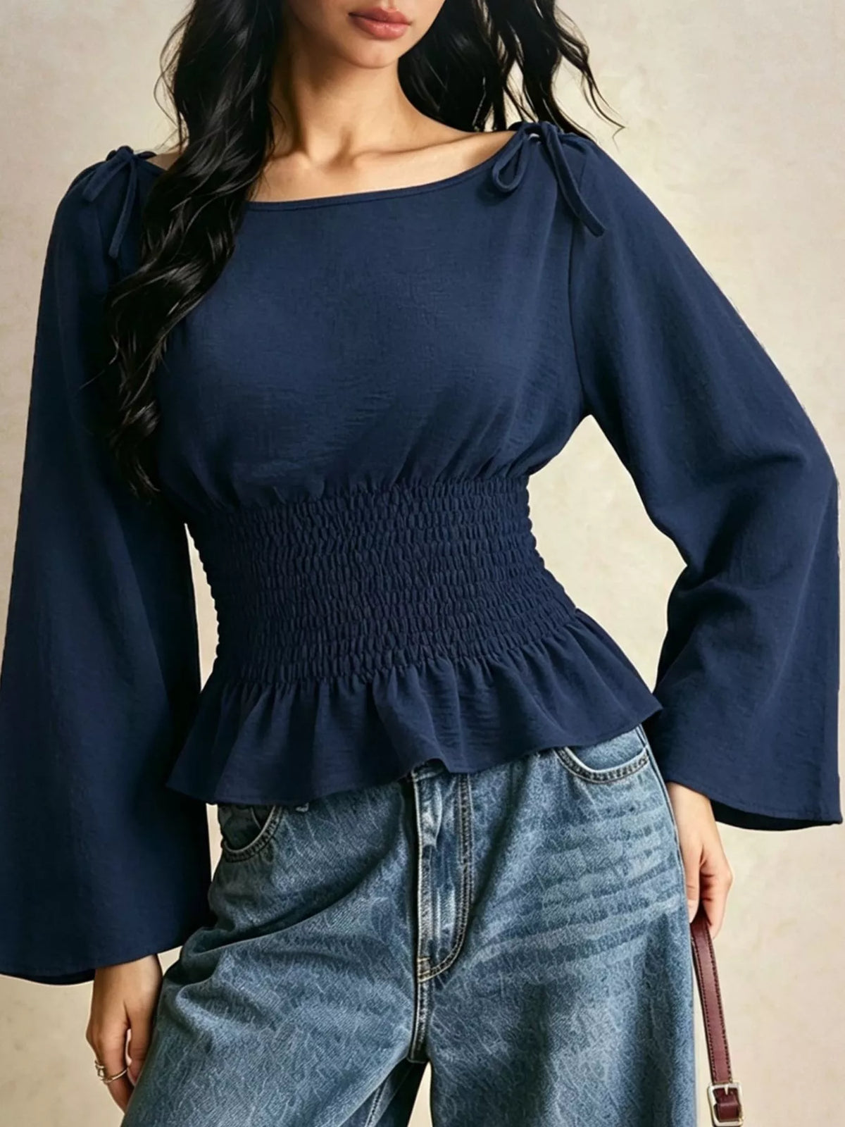 Smocked Waist Flare Sleeve Blouse in Dark Blue, view 3