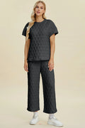 Double Take Full Size Texture Round Neck Short Sleeve Top and Pants Set - Lilixa.store