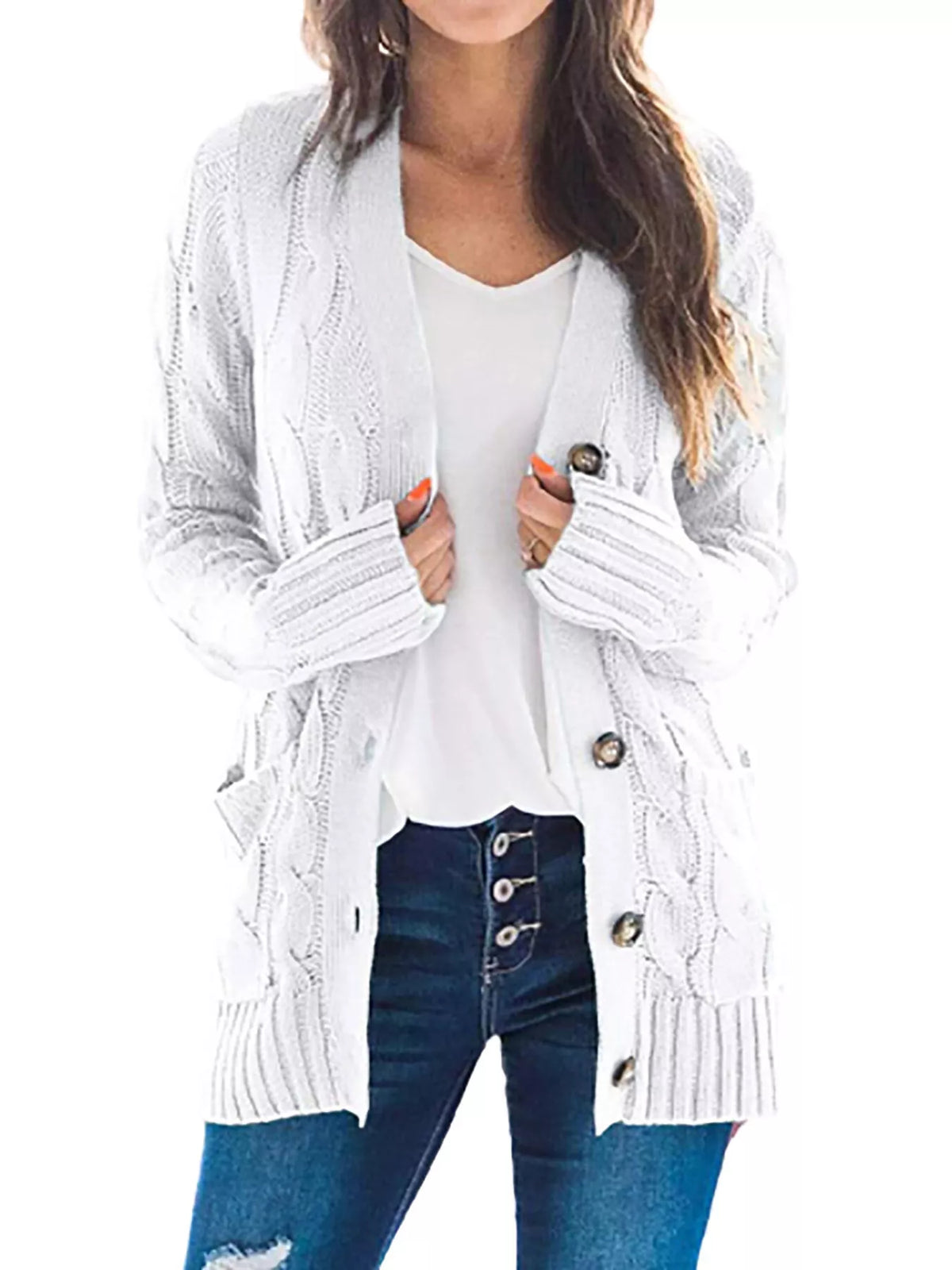 Full Size Chunky Cable Knit Button-Down Cardigan Plus Size - Lilixa.store