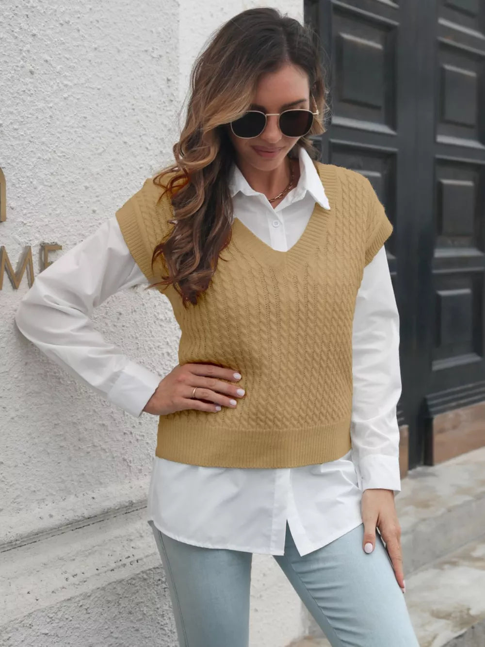 Cable-knit V-Neck Sweater Vest in Khaki