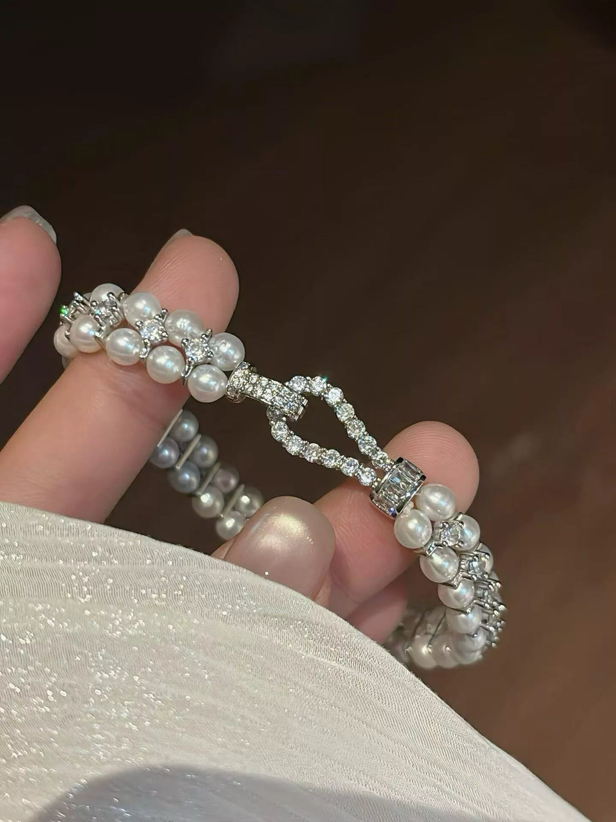 Pearl & Zircon Embellished Bracelet in Silver, view 2