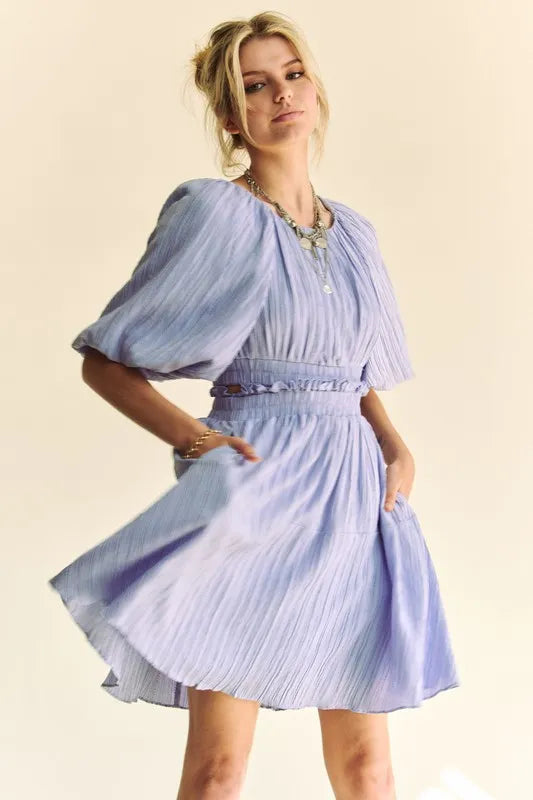 Davi & Dani Back Button Puff Sleeve Mini Dress - Lilixa.store