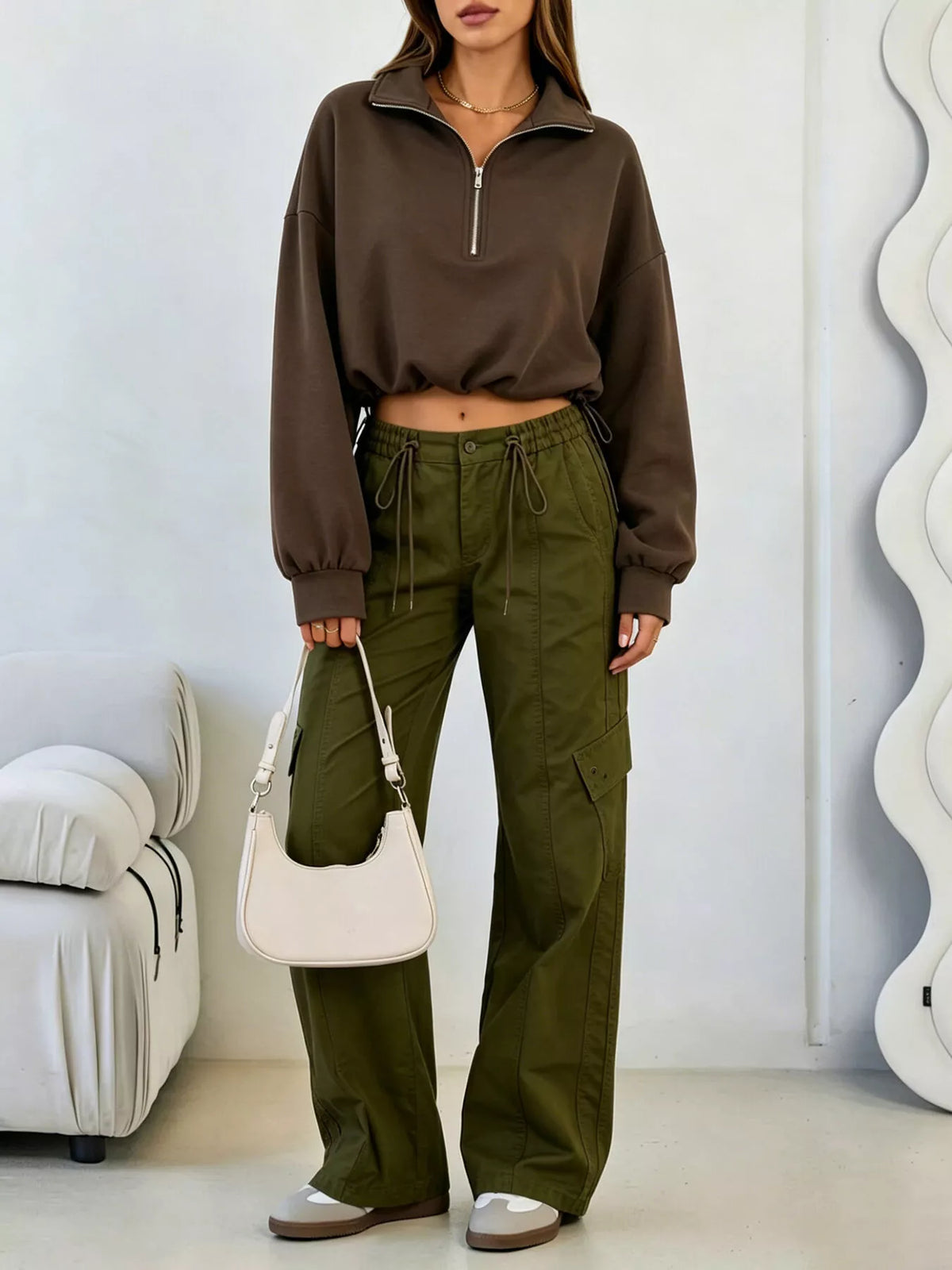 Half Zip Drawstring Hem Sweatshirt - Lilixa.store