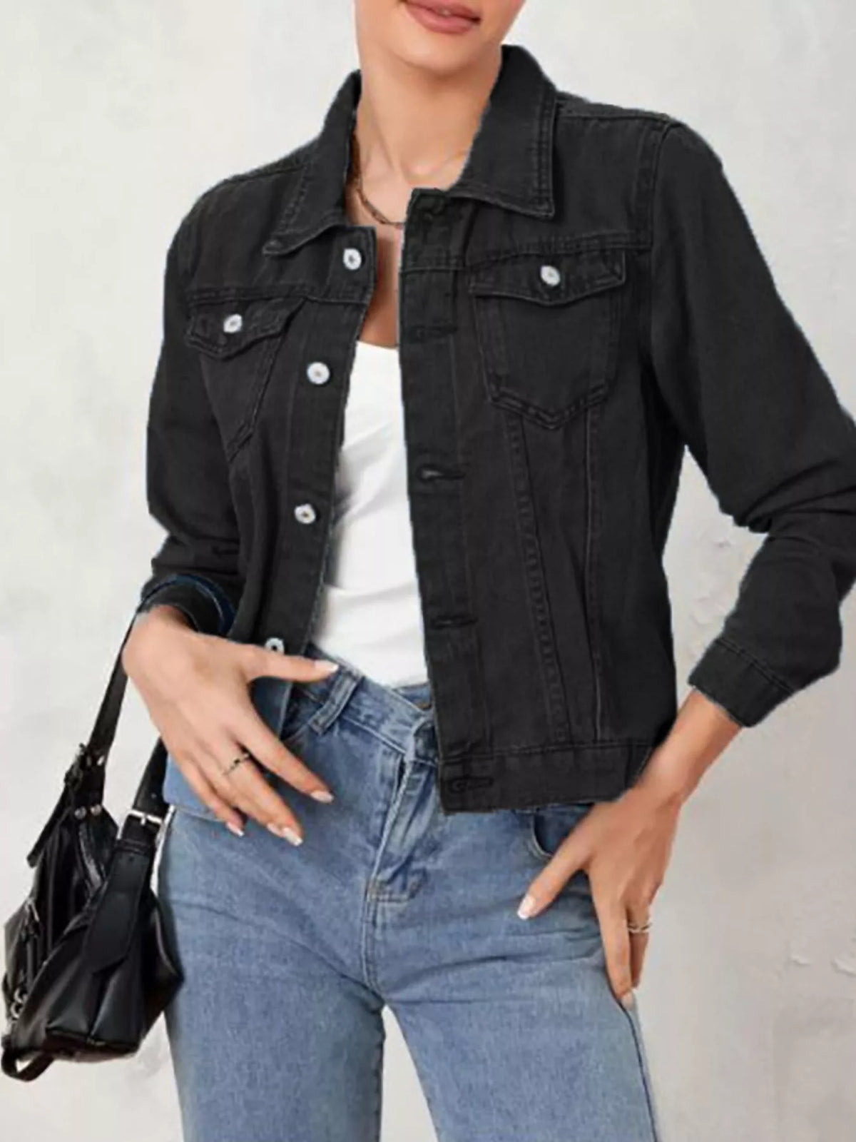 Button Up Long Sleeve Denim Jacket in Black
