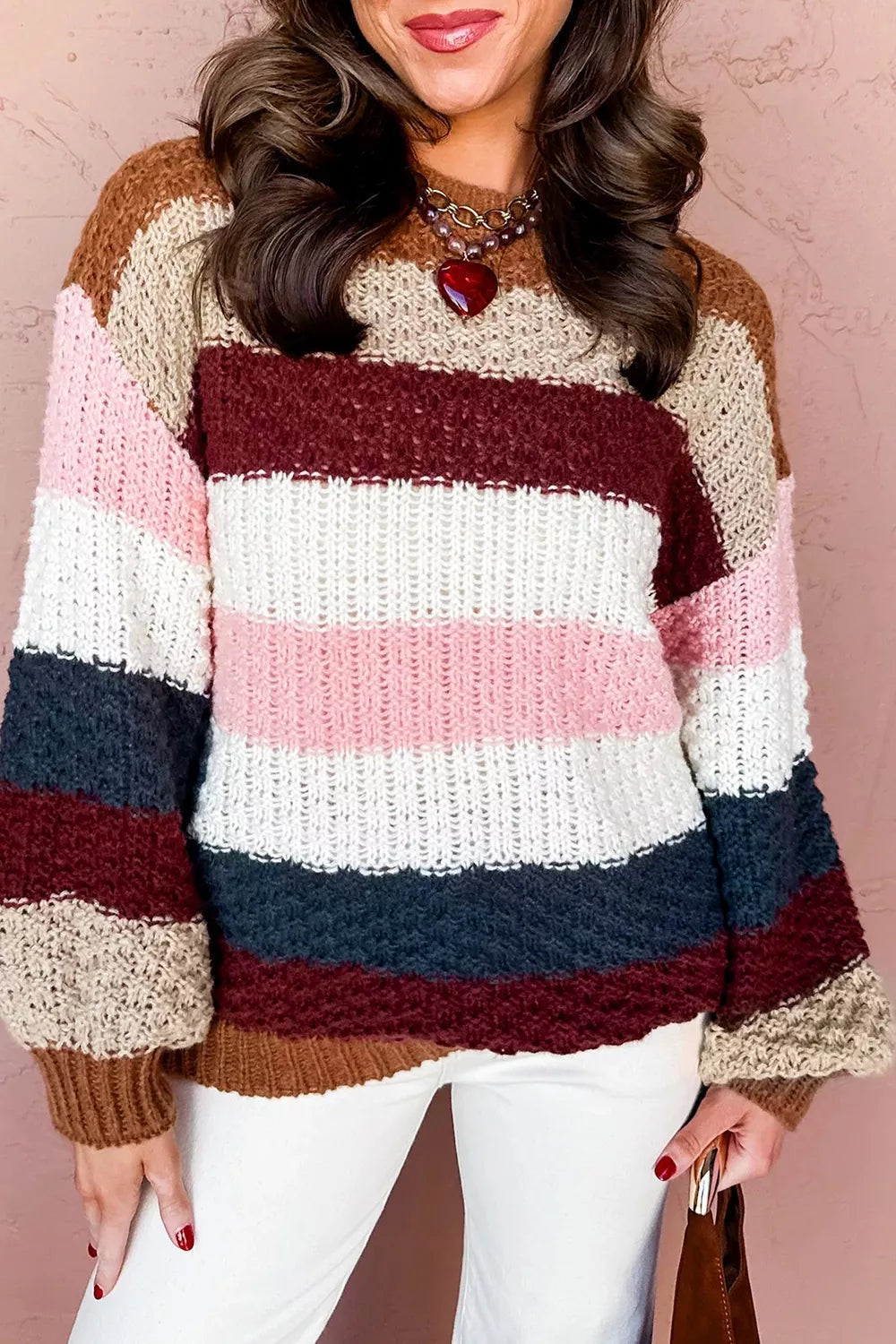 Striped Knit Dropped Shoulder Round Neck Sweater - Lilixa.store