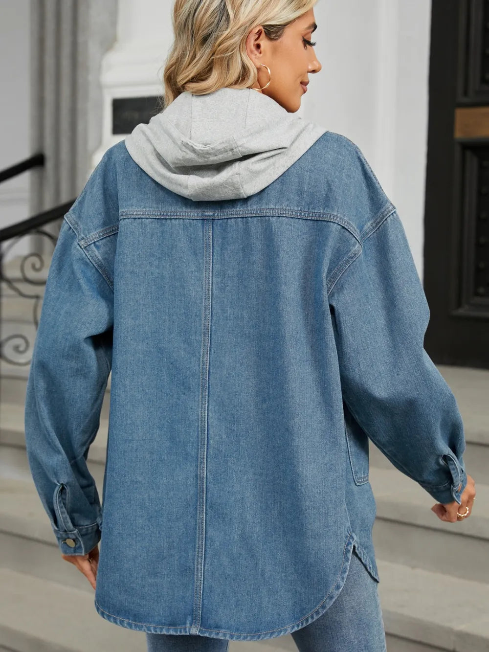 Removable Hood Button Up Long Sleeve Denim Jacket in Black, view 2