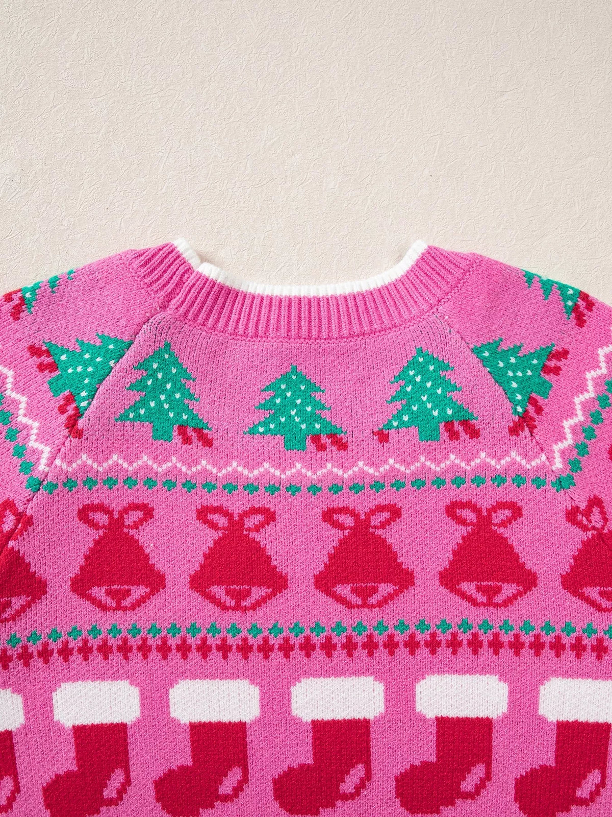 Christmas Holiday Graphic Round Neck Knit Sweater in Fuchsia Pink, view 6