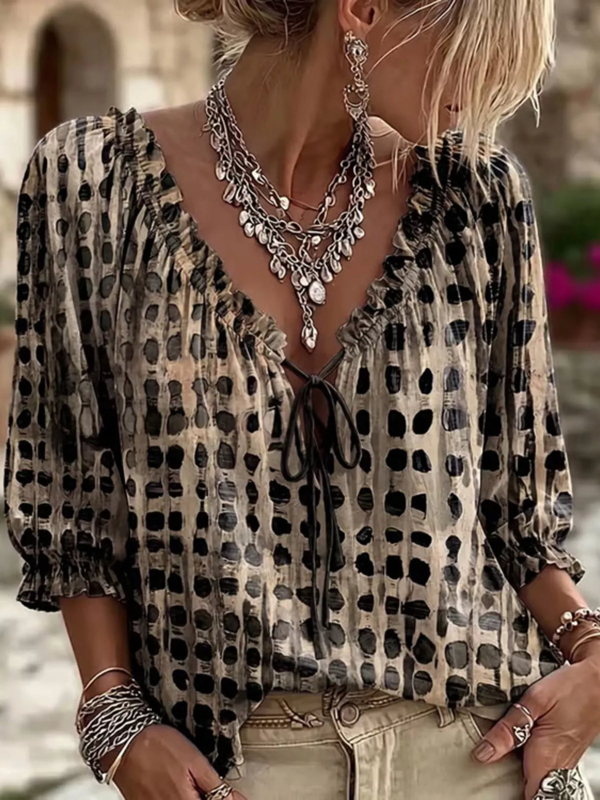 Full Size Tie Neck 3/4 Sleeve Blouse Plus Size - Lilixa.store